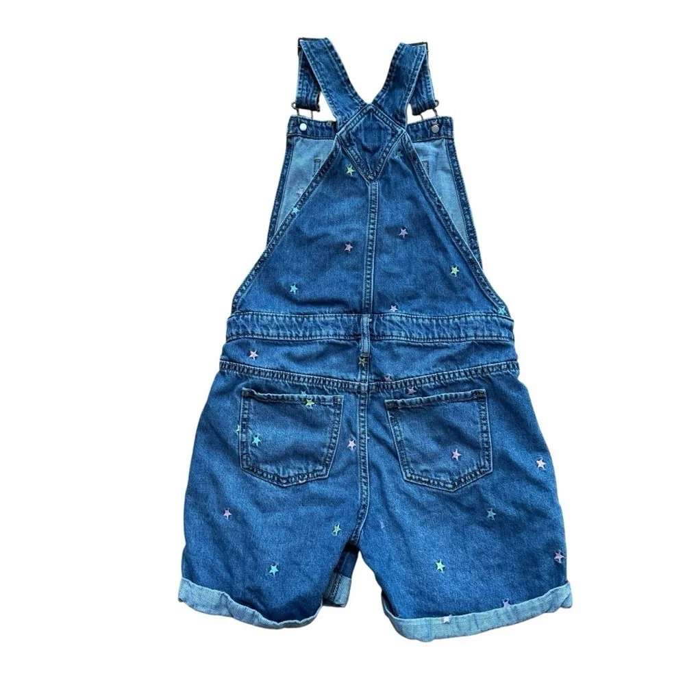 Gap Girls Embroidered Stars Blue Denim Jean Shortalls Overall Size XL 12-13